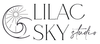 Logo for Lilac Sky Studio featuring a stylized, gold sun and wave graphic to the left of the text "LILAC SKY studio" in bold and script fonts, reflecting a handcrafted touch.